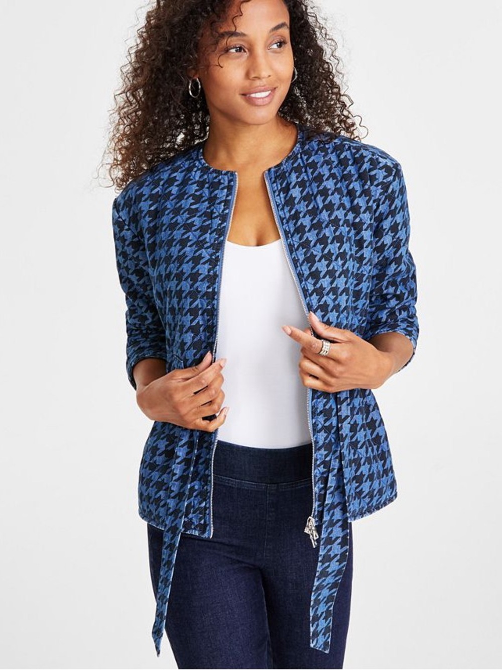 Anne Klein Jeans Houndstooth Check Quilted Denim Full Zip Jacket XL NWT